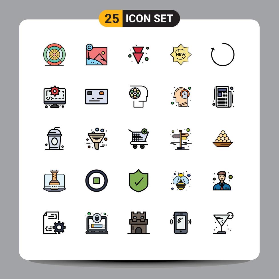 Modern Set of 25 Filled line Flat Colors Pictograph of rotate arrow arrow badge product Editable Vector Design Elements
