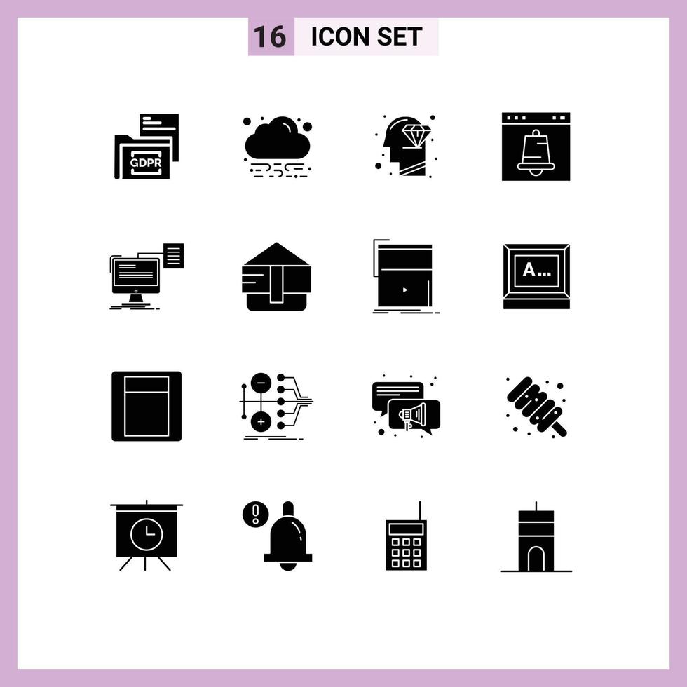 Modern Set of 16 Solid Glyphs and symbols such as resume interface diamond browser alarm Editable Vector Design Elements