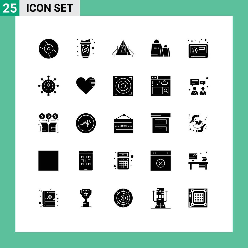 Pictogram Set of 25 Simple Solid Glyphs of news shopping tent handbag outdoor Editable Vector Design Elements