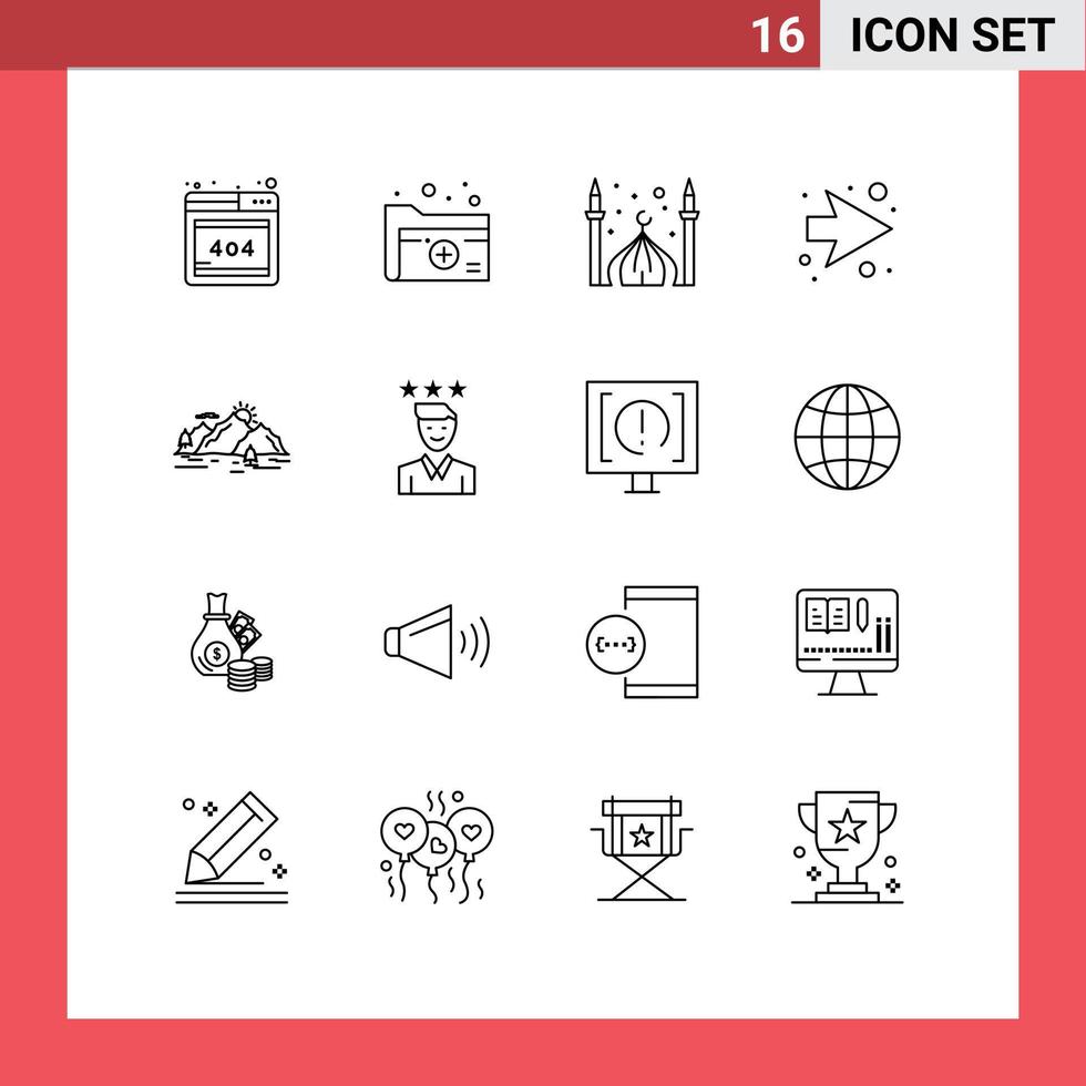 Pack of 16 Modern Outlines Signs and Symbols for Web Print Media such as hill right mosque next eid Editable Vector Design Elements