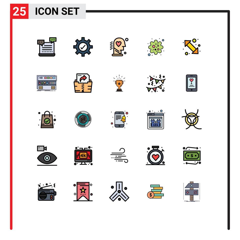 25 Universal Filled line Flat Color Signs Symbols of arrow pathogen brain particle wellness Editable Vector Design Elements