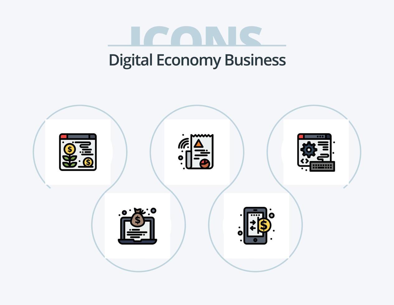 Digital Economy Business Line Filled Icon Pack 5 Icon Design. . file. pie. graph. technology vector