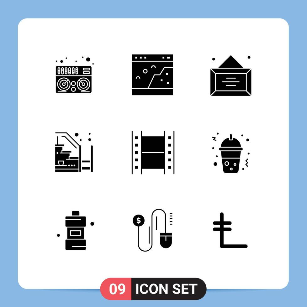 Group of 9 Solid Glyphs Signs and Symbols for film up business stairs home Editable Vector Design Elements