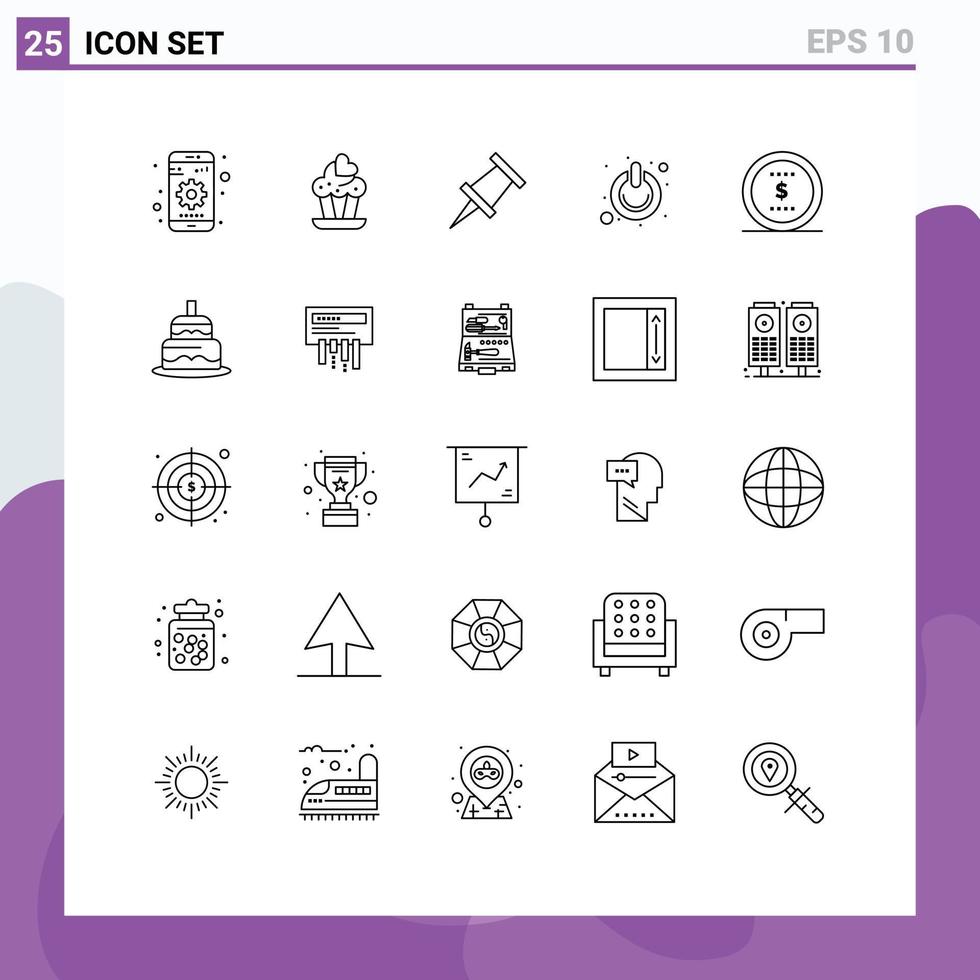 Pack of 25 creative Lines of office coin pin business power Editable Vector Design Elements