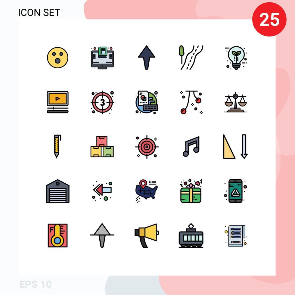 25 Thematic Vector Filled line Flat Colors and Editable Symbols of leaf eco screen bulb route Editable Vector Design Elements