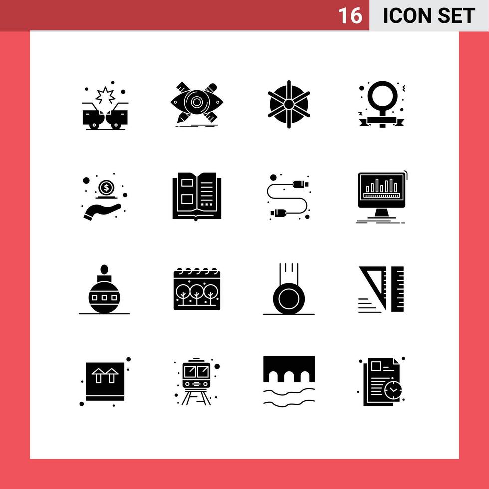 16 Thematic Vector Solid Glyphs and Editable Symbols of cash feminism tools campaign wheel Editable Vector Design Elements