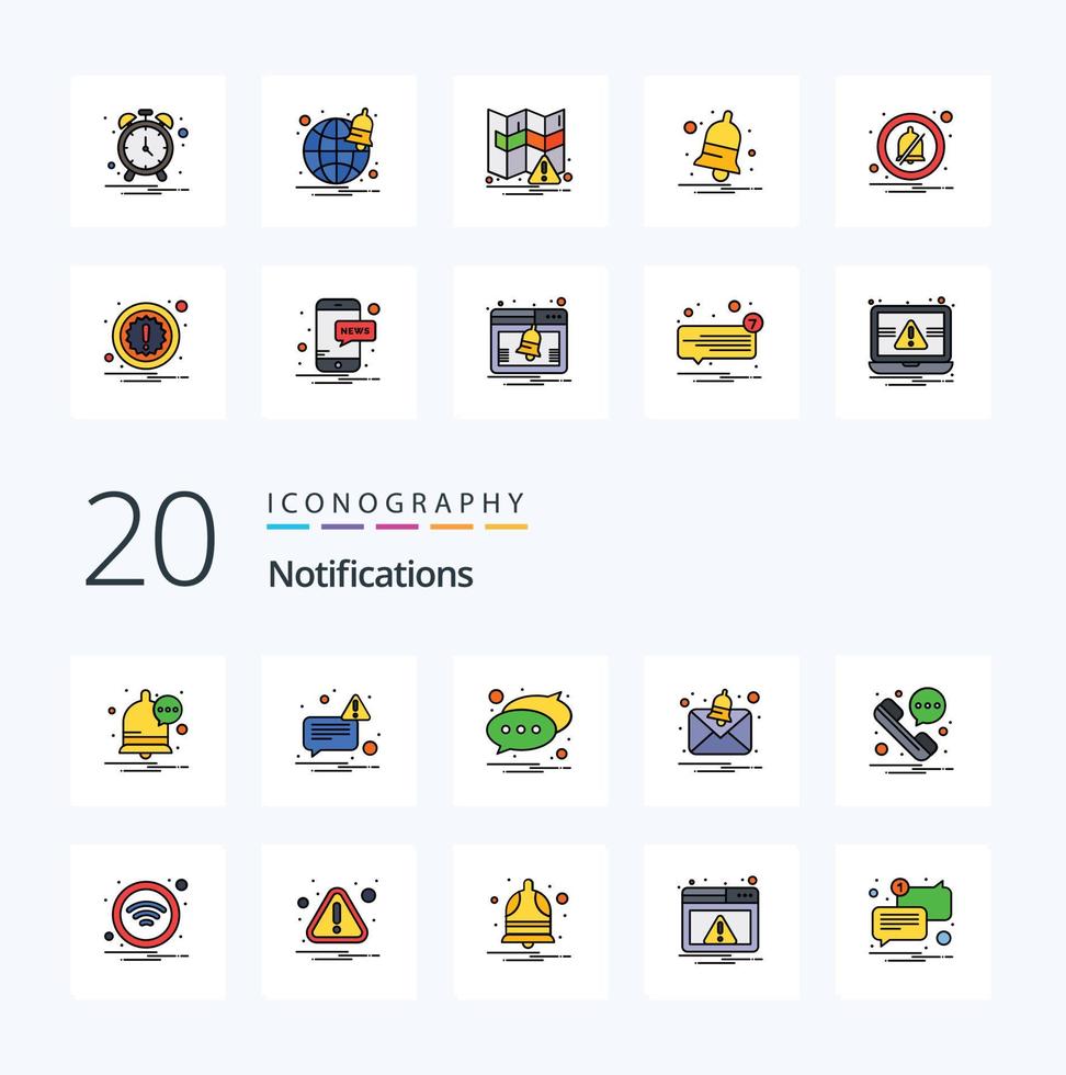 20 Notifications Line Filled Color icon Pack like wifi sms message phone notification vector