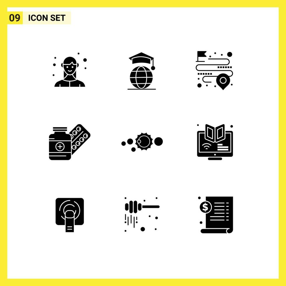 Modern Set of 9 Solid Glyphs and symbols such as solar drugs distance capsule medicine Editable Vector Design Elements