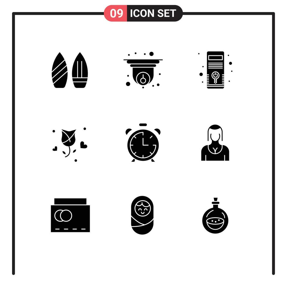 Modern Set of 9 Solid Glyphs and symbols such as alarm propose computer love rose Editable Vector Design Elements