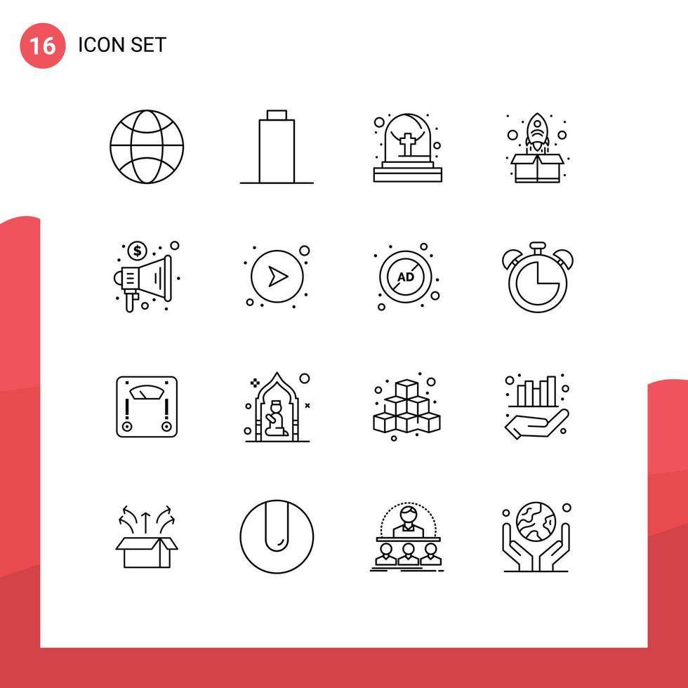 Outline Pack of 16 Universal Symbols of arrows megaphone tomb marketing package Editable Vector Design Elements
