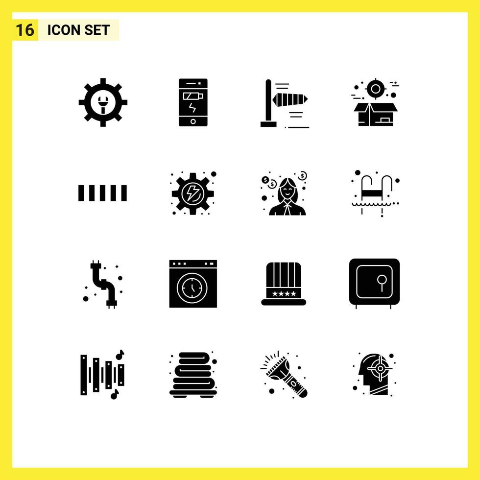 User Interface Pack of 16 Basic Solid Glyphs of signal connection wind package crate Editable Vector Design Elements