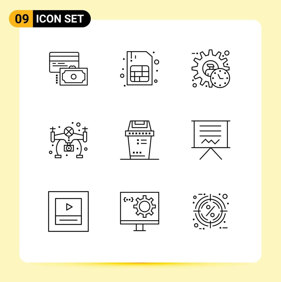 Set of 9 Vector Outlines on Grid for junk bin executive camera hobbies Editable Vector Design Elements