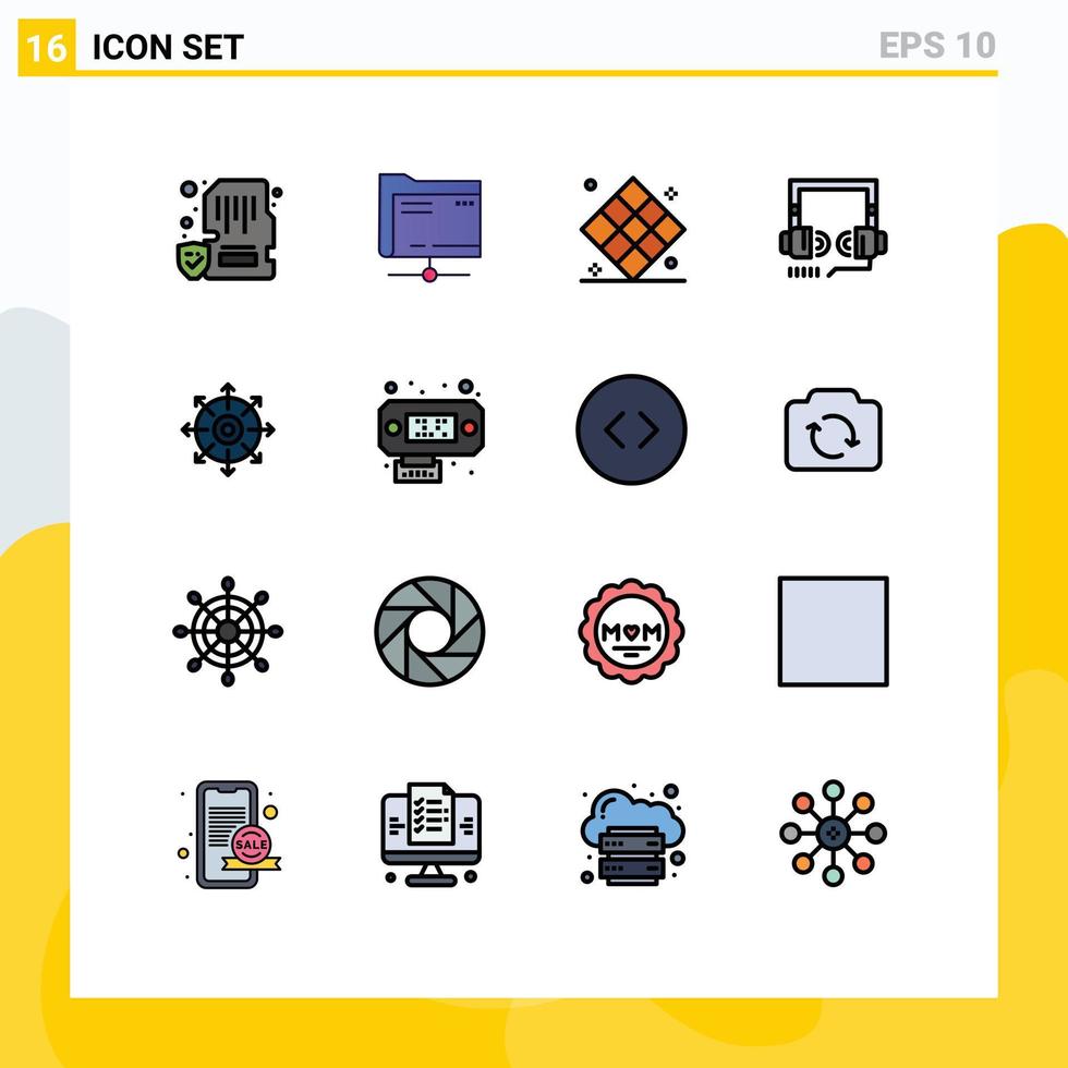 Group of 16 Flat Color Filled Lines Signs and Symbols for web optimization storage headphone play Editable Creative Vector Design Elements