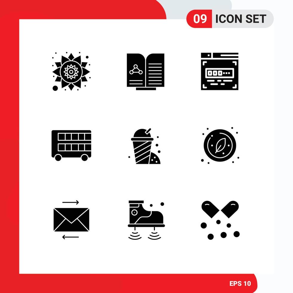 Pack of 9 Modern Solid Glyphs Signs and Symbols for Web Print Media such as garden fast food coder transport double Editable Vector Design Elements