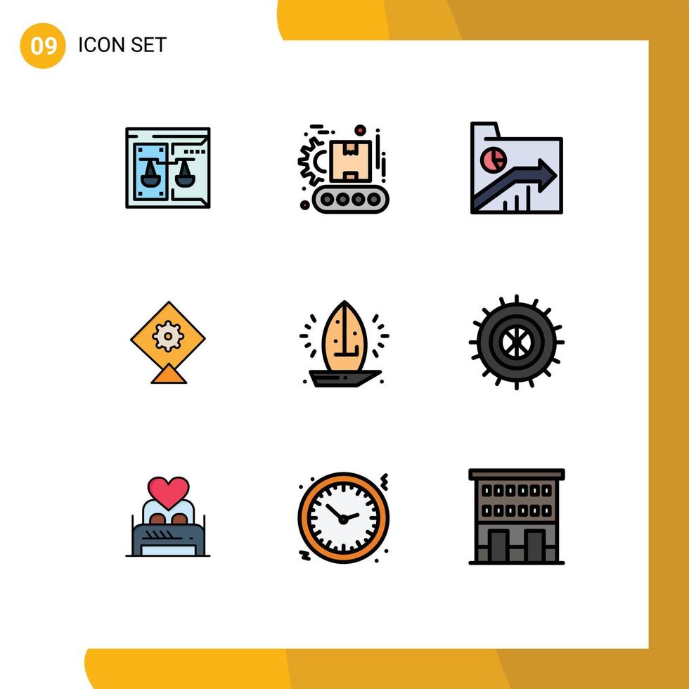9 Universal Filledline Flat Color Signs Symbols of nautical festival product kite graph Editable Vector Design Elements