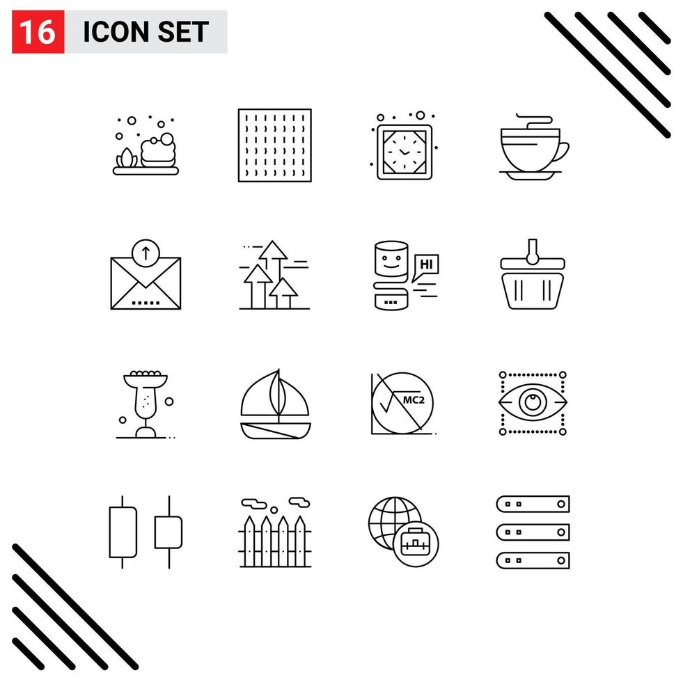 Set of 16 Vector Outlines on Grid for sent email wall clock ecommerce cup Editable Vector Design Elements