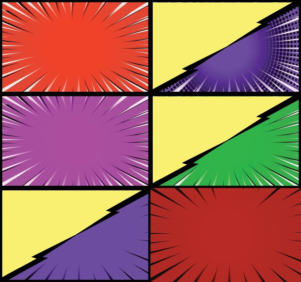 Comic book colorful frames background with halftone rays radial and dotted effects pop art style vector