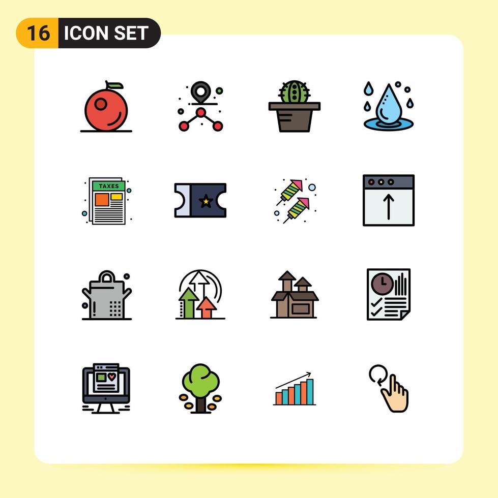 Modern Set of 16 Flat Color Filled Lines Pictograph of ticket taxes drop water paper document Editable Creative Vector Design Elements