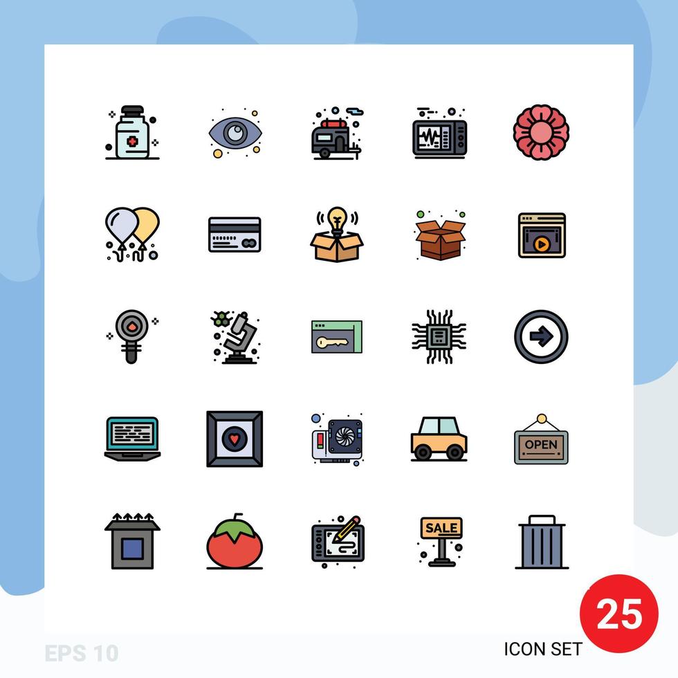 25 Universal Filled line Flat Colors Set for Web and Mobile Applications balloon nature camper flower heart beat Editable Vector Design Elements