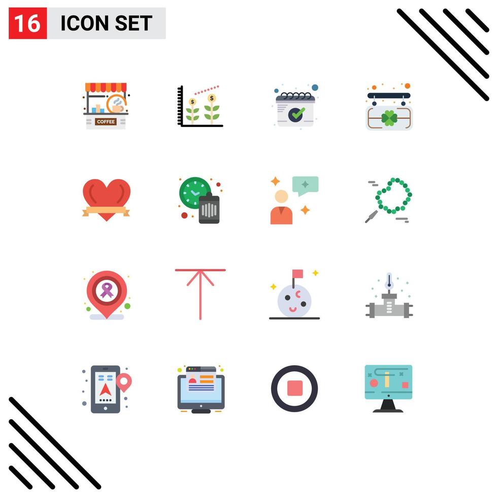 Modern Set of 16 Flat Colors Pictograph of clock love calendar heart saint Editable Pack of Creative Vector Design Elements