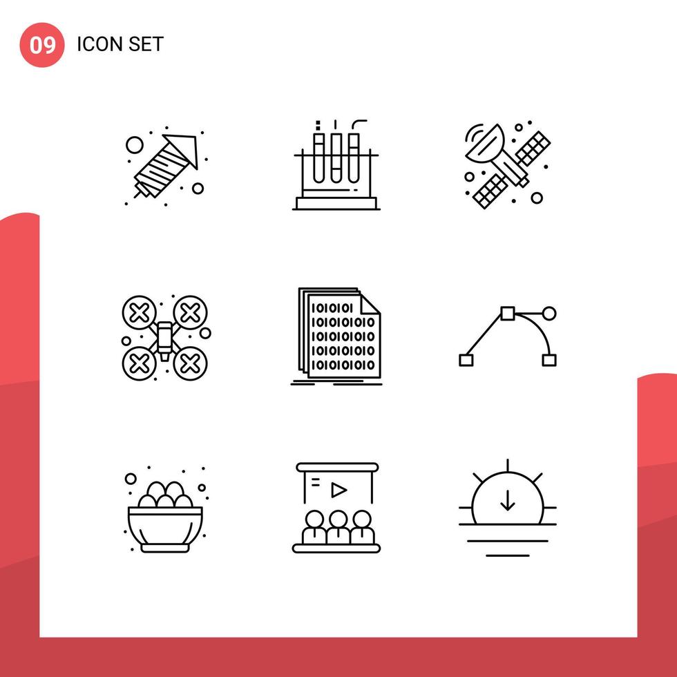 Universal Icon Symbols Group of 9 Modern Outlines of data code satellite binary drone camera Editable Vector Design Elements
