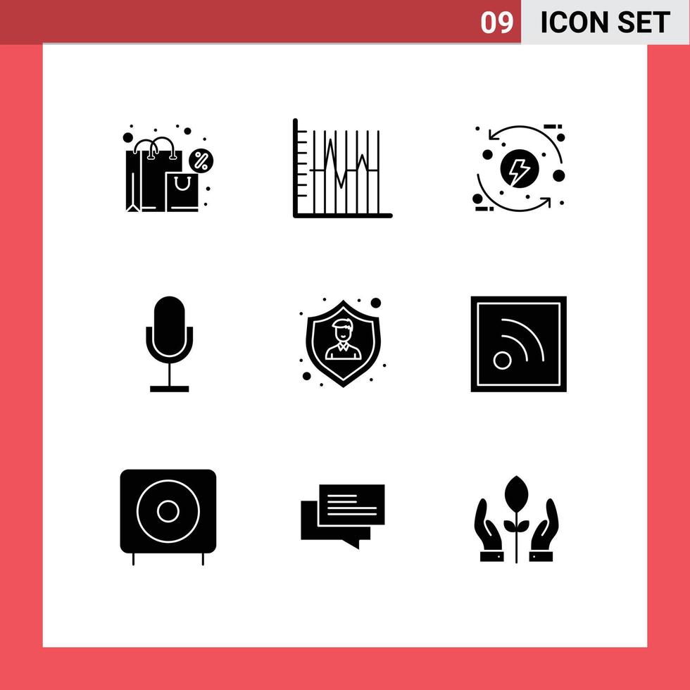 9 Thematic Vector Solid Glyphs and Editable Symbols of microphone broadcast recovery audio eco Editable Vector Design Elements