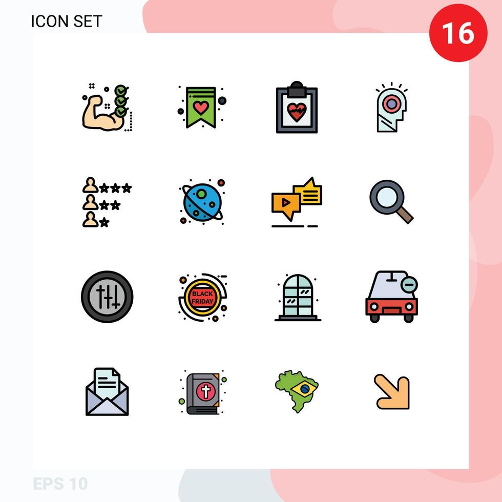 grupo de 16 signos y símbolos de líneas llenas de color plano para encontrar elementos de diseño de vectores creativos editables con luz de sombrero de cardiograma empresarial