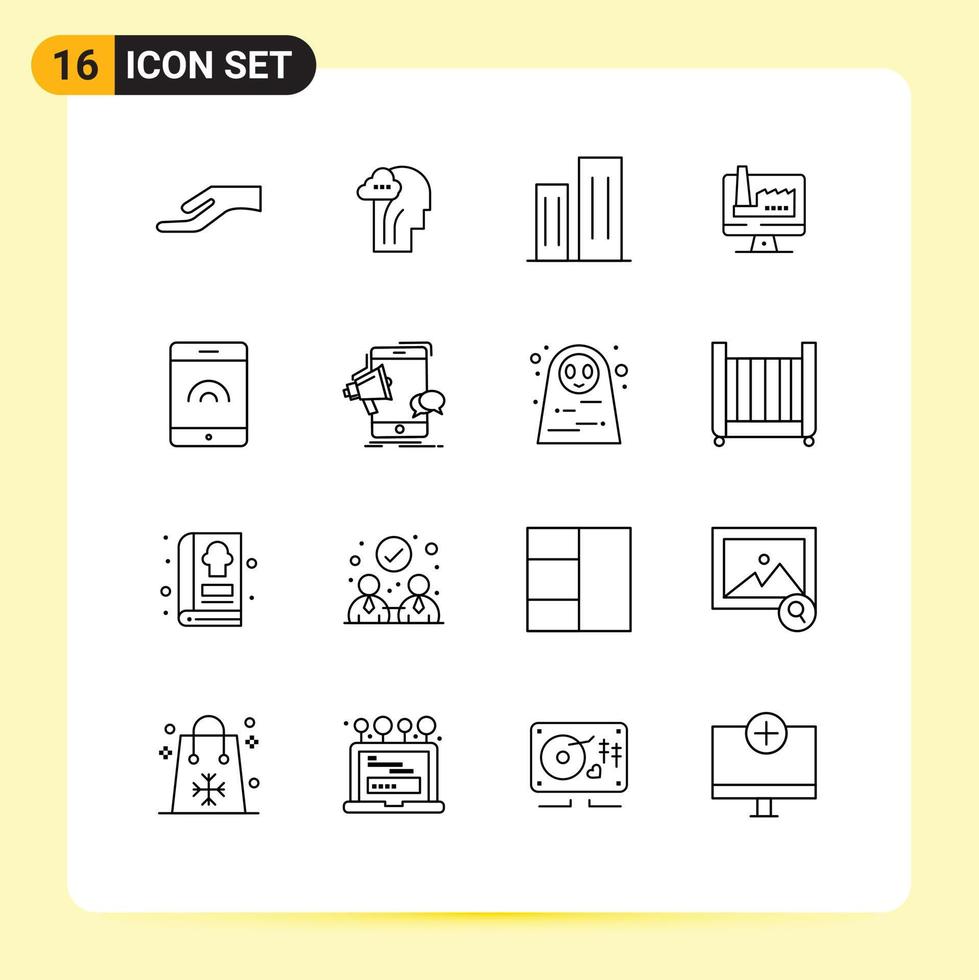 16 User Interface Outline Pack of modern Signs and Symbols of touch factory buildings monitore computer Editable Vector Design Elements