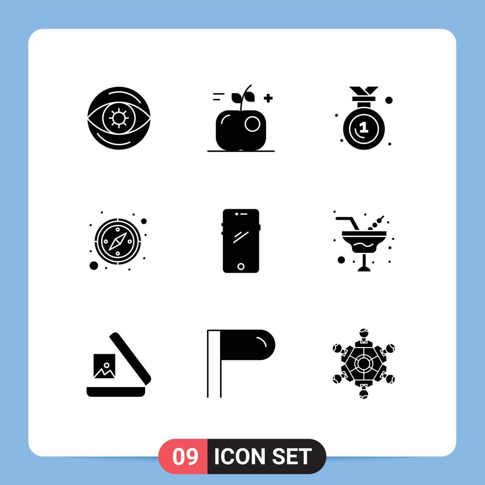 Set of 9 Commercial Solid Glyphs pack for mobile phone award gps compass Editable Vector Design Elements