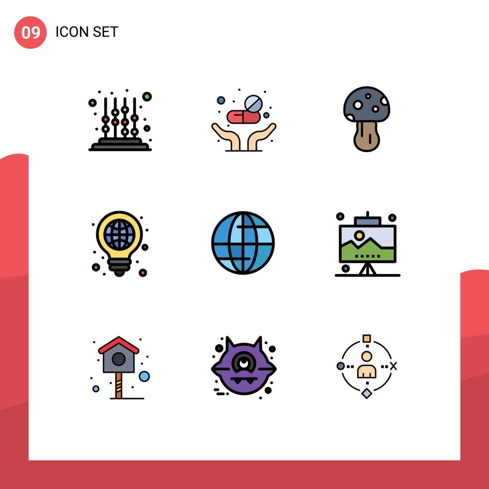 Pack of 9 Modern Filledline Flat Colors Signs and Symbols for Web Print Media such as global light mushroom globe idea Editable Vector Design Elements