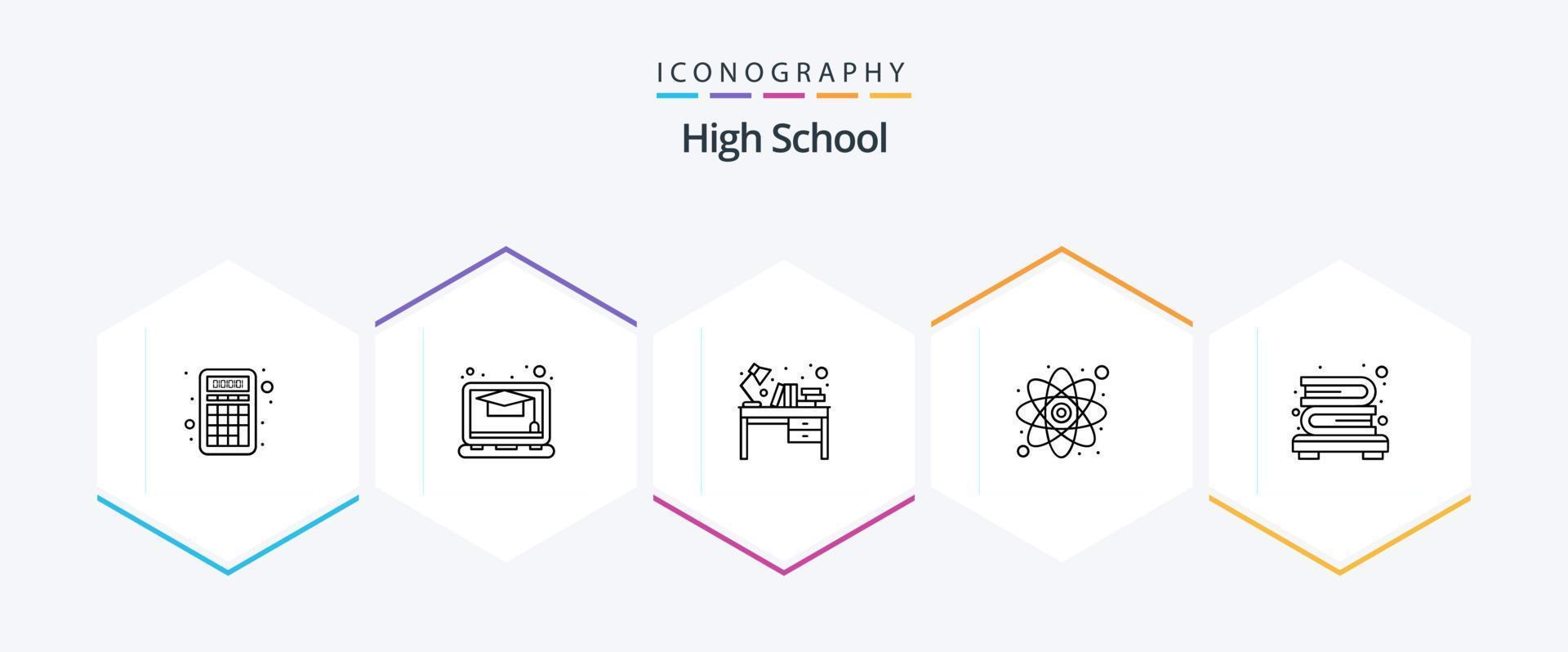 High School 25 Line icon pack including books. study. desk. research. atom vector