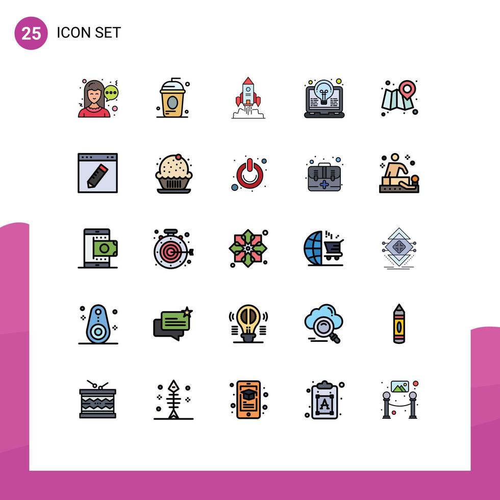 Modern Set of 25 Filled line Flat Colors Pictograph of light idea rocket coding game Editable Vector Design Elements
