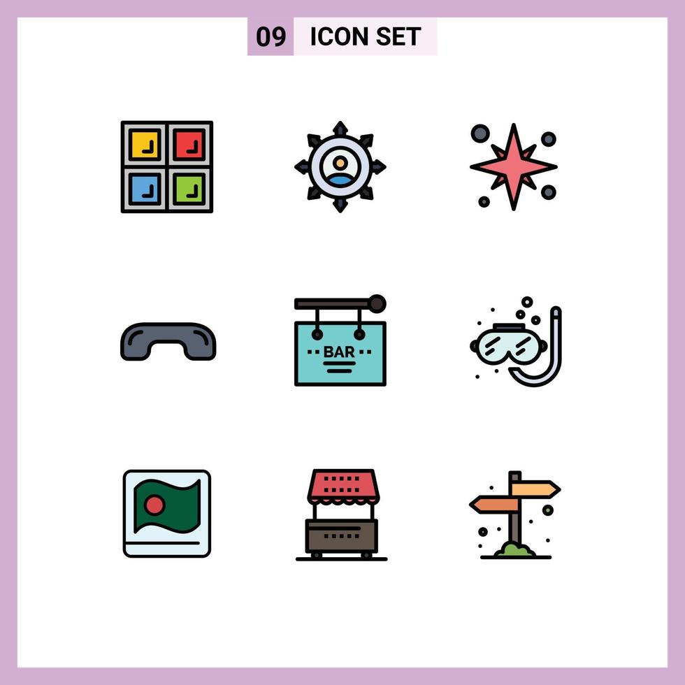 Group of 9 Modern Filledline Flat Colors Set for up hang up holiday hang vacation Editable Vector Design Elements