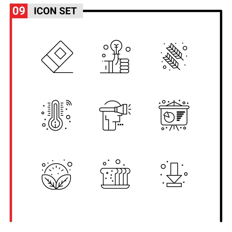 Pictogram Set of 9 Simple Outlines of virtual reality human calligraphy head temperature Editable Vector Design Elements