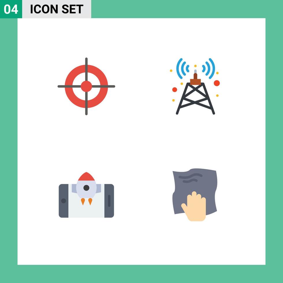 4 concepto de icono plano para sitios web móviles y aplicaciones negocio cohete objetivo torre limpieza elementos de diseño vectorial editables vector