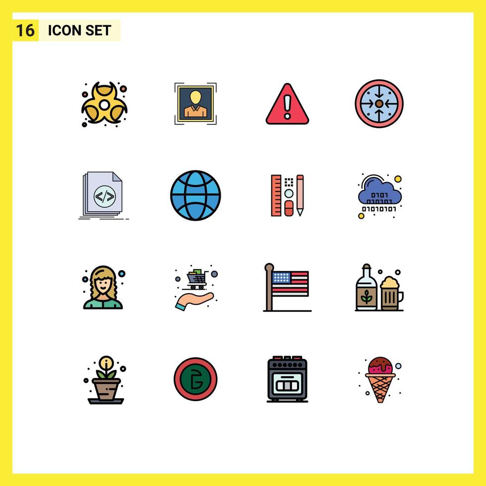 paquete de 16 signos y símbolos modernos de líneas rellenas de color plano para medios de impresión web, como etapas de implementación de alertas de operación de código, elementos de diseño de vectores creativos editables