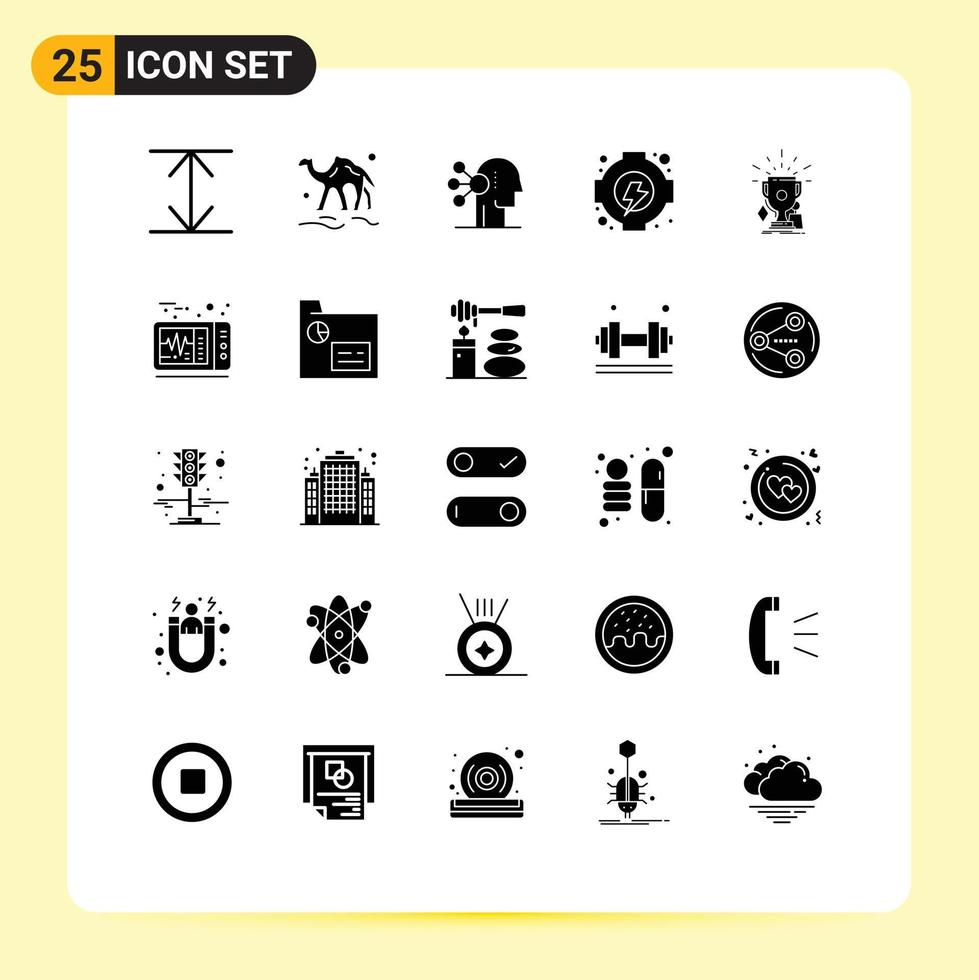 Pack of 25 Modern Solid Glyphs Signs and Symbols for Web Print Media such as trophies game assortment awards gear Editable Vector Design Elements