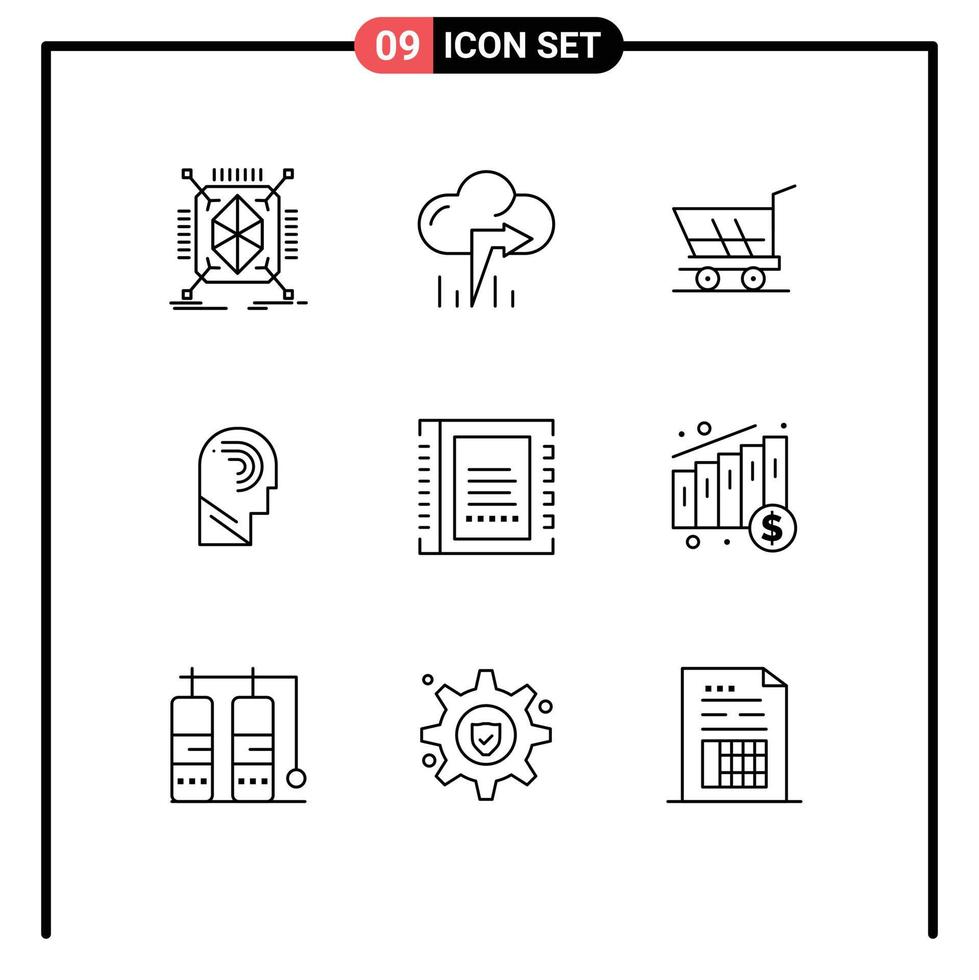 Modern Set of 9 Outlines and symbols such as book switch trolley mind human Editable Vector Design Elements