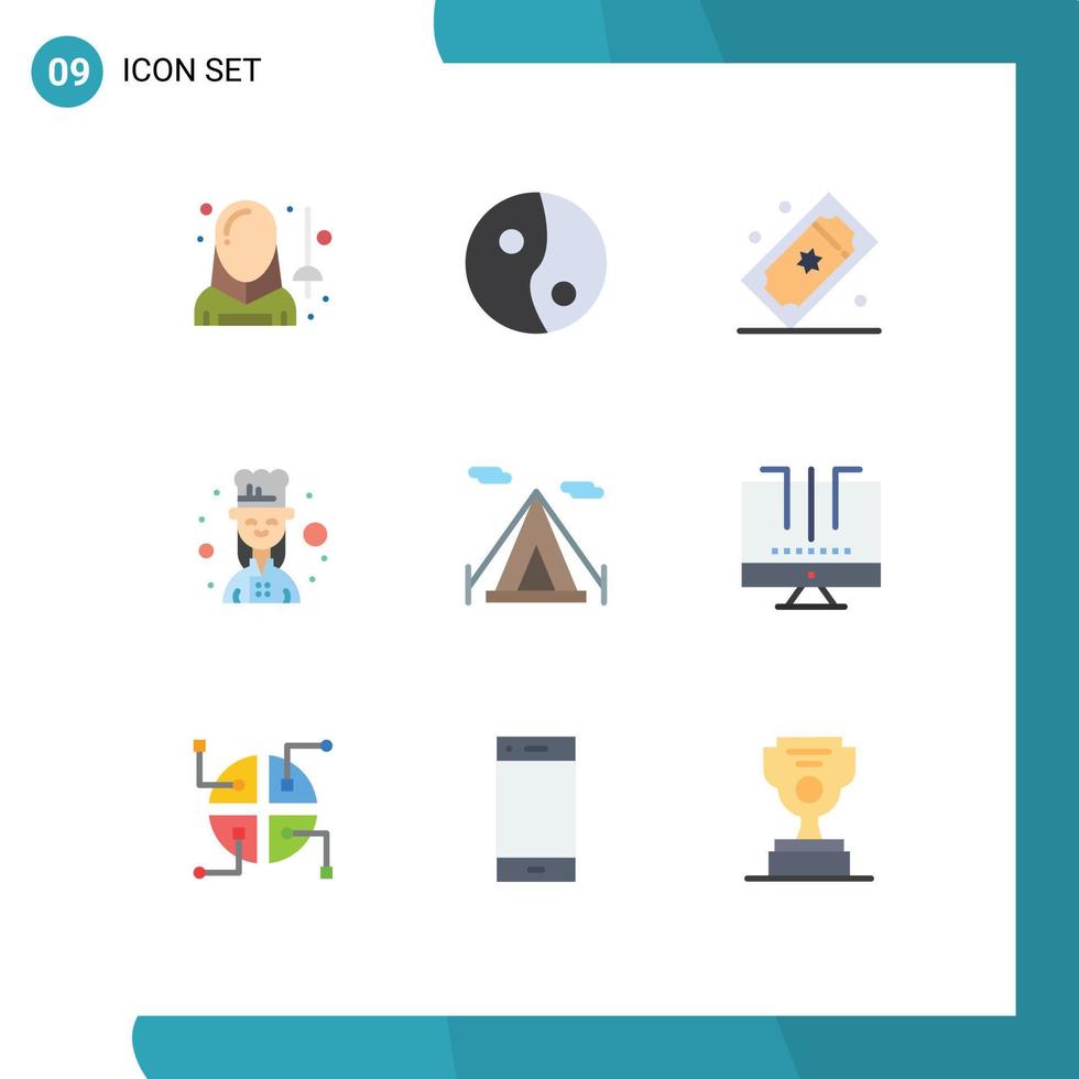 Mobile Interface Flat Color Set of 9 Pictograms of camping female cook movie raffle female chef chef Editable Vector Design Elements