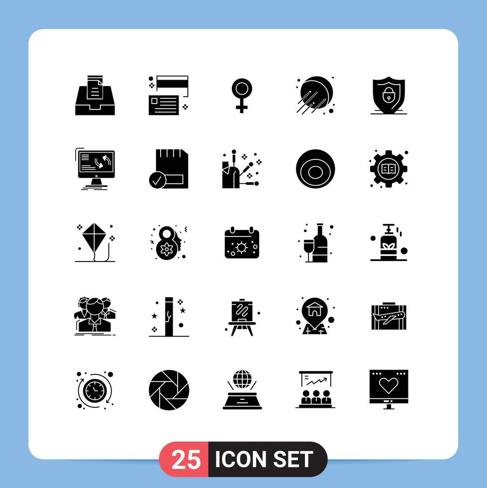 Pictogram Set of 25 Simple Solid Glyphs of security shield female internet space Editable Vector Design Elements