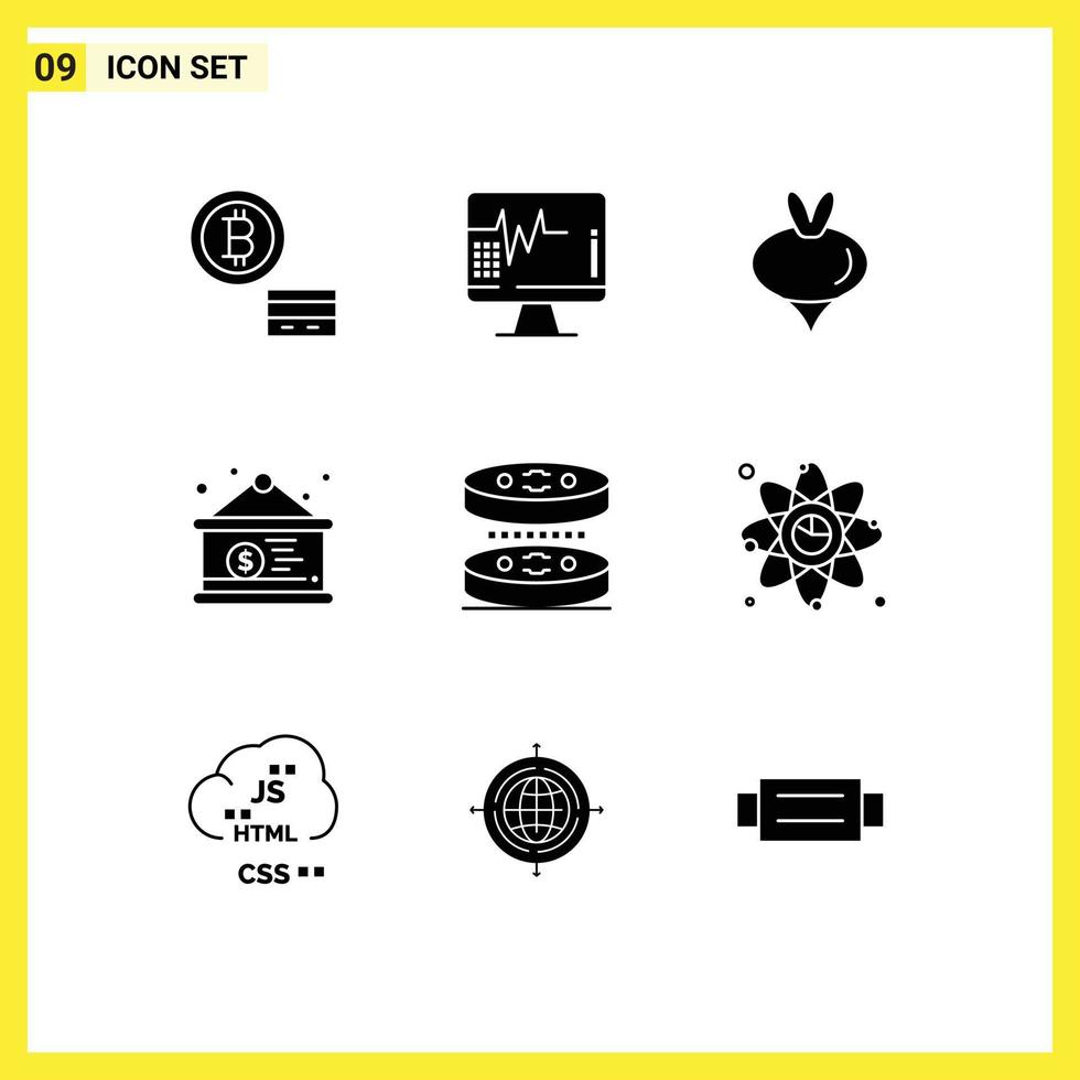 Modern Set of 9 Solid Glyphs and symbols such as laboratory bacteria turnip dollar sign currency Editable Vector Design Elements