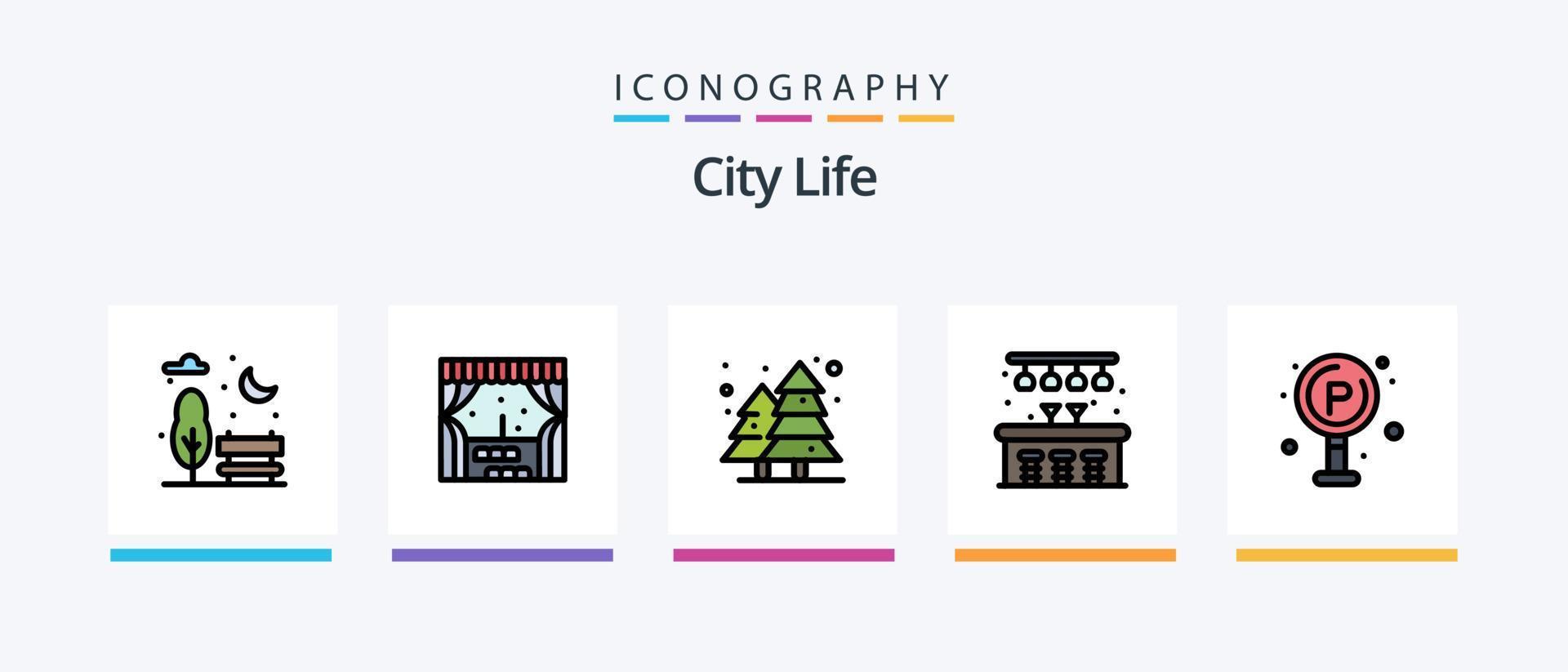 la línea de vida de la ciudad llenó el paquete de 5 íconos que incluye. hotel. boca de aguas. la vida. la vida. diseño de iconos creativos vector