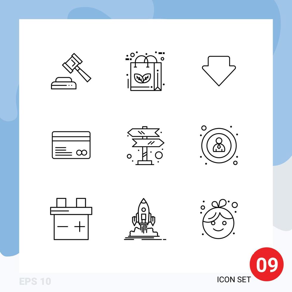 User Interface Pack of 9 Basic Outlines of sign directions arrow payments credit card Editable Vector Design Elements