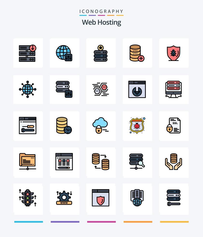 Creative Web Hosting 25 Line FIlled icon pack  Such As programing. add. data storage. storage. server vector