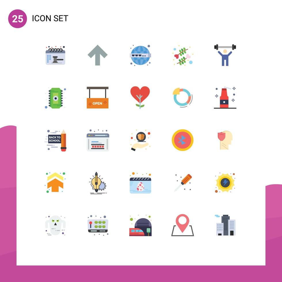 User Interface Pack of 25 Basic Flat Colors of lift fitness web romance heart Editable Vector Design Elements