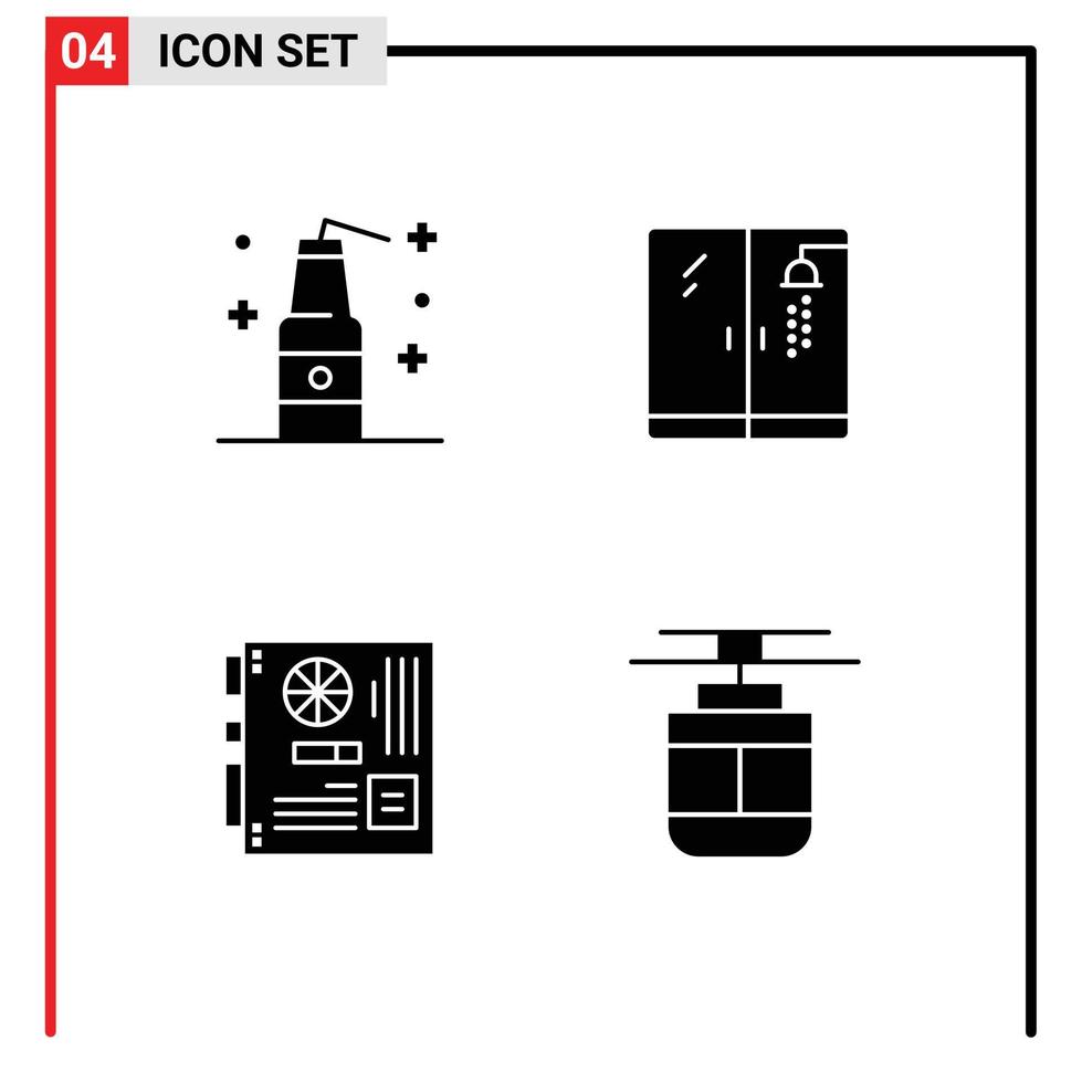 Universal Icon Symbols Group of 4 Modern Solid Glyphs of bomb mainboard weapons shower motherboard Editable Vector Design Elements