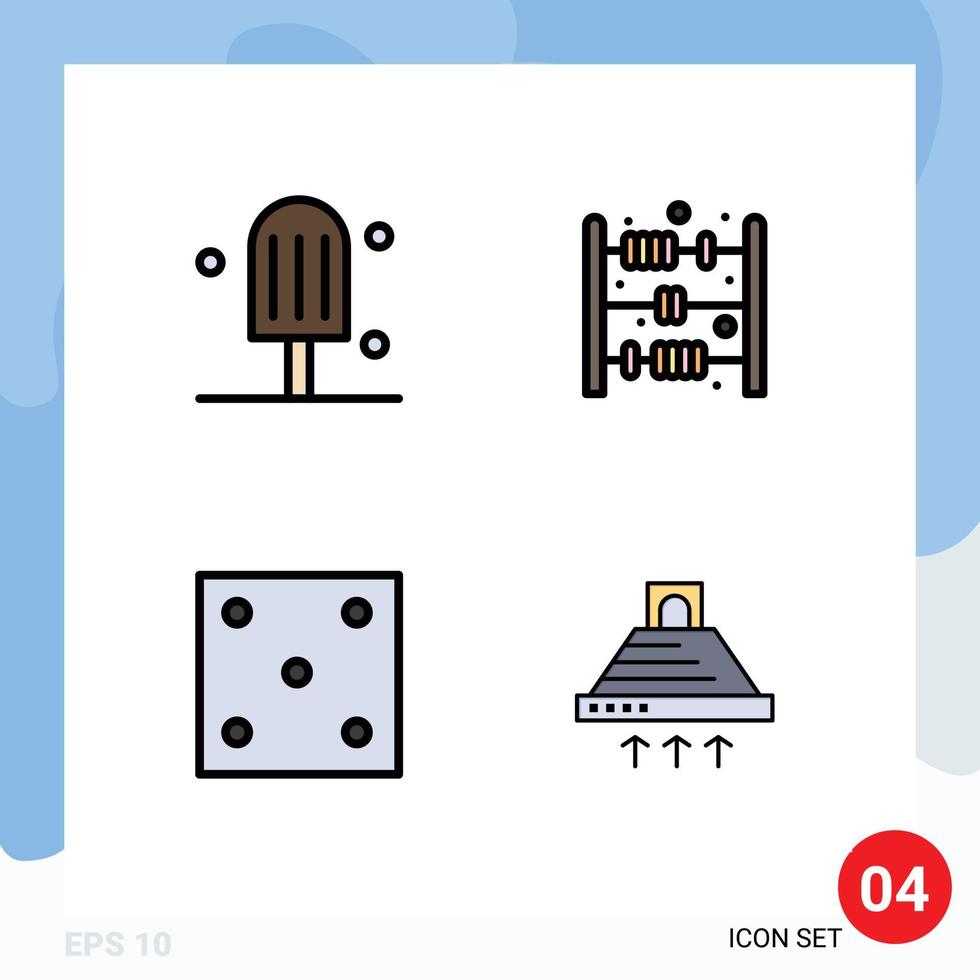 4 User Interface Filledline Flat Color Pack of modern Signs and Symbols of cream sport abacus toy dice cooking Editable Vector Design Elements