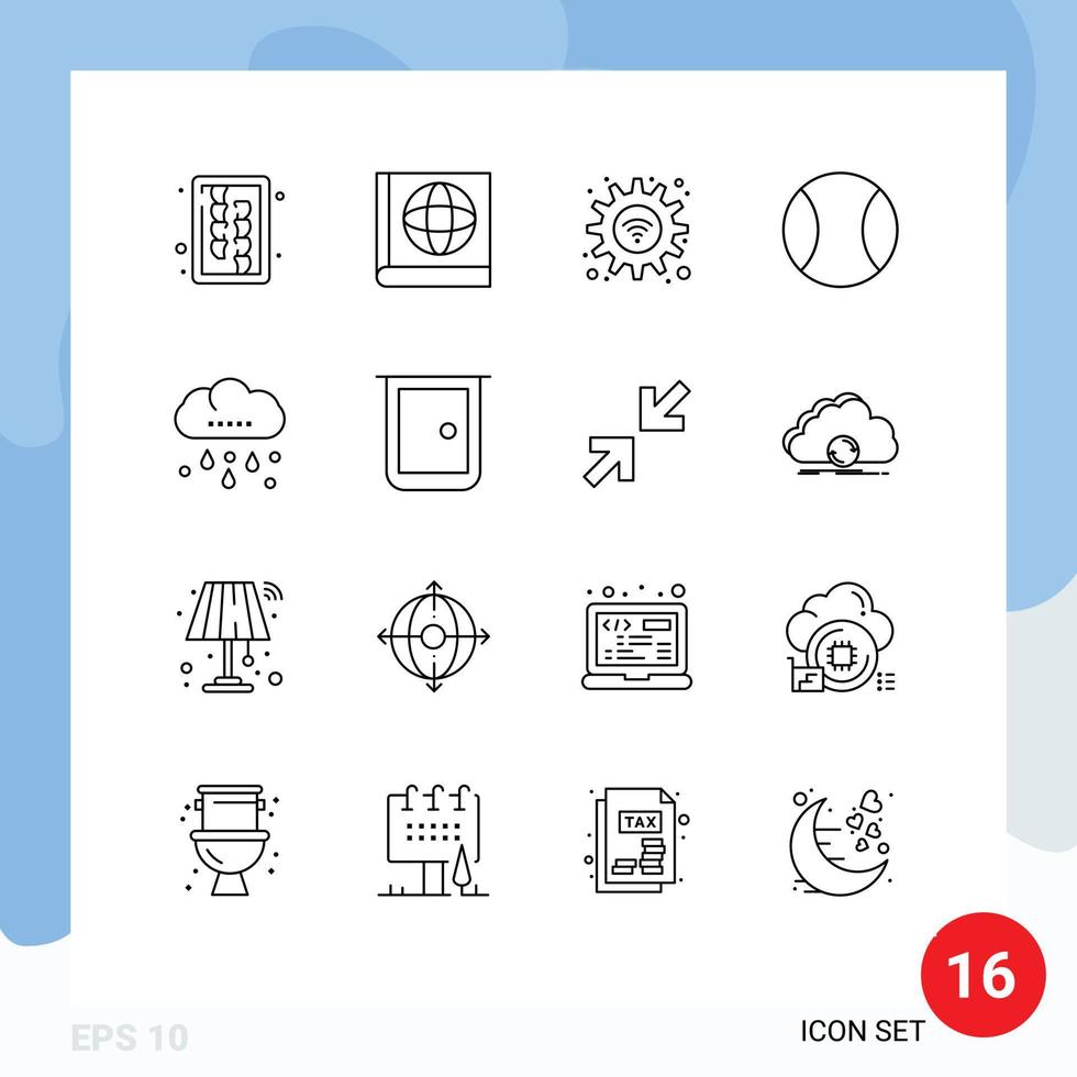 Universal Icon Symbols Group of 16 Modern Outlines of buildings rainy settings rain tennis Editable Vector Design Elements