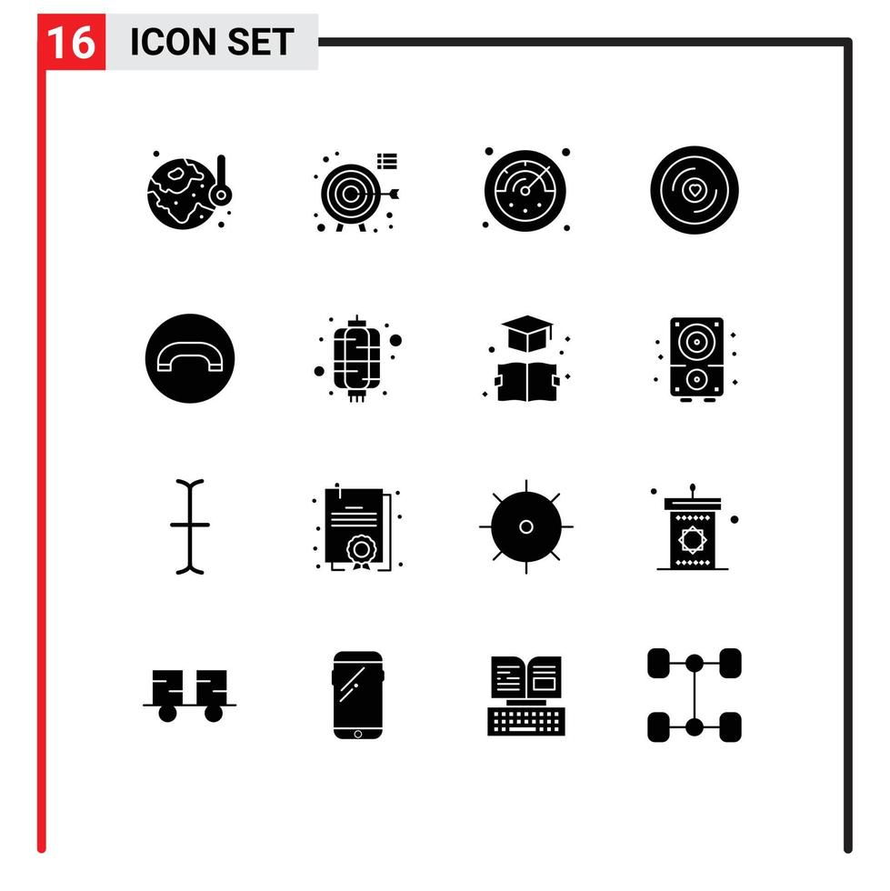 Mobile Interface Solid Glyph Set of 16 Pictograms of handset wedding focus love disk Editable Vector Design Elements