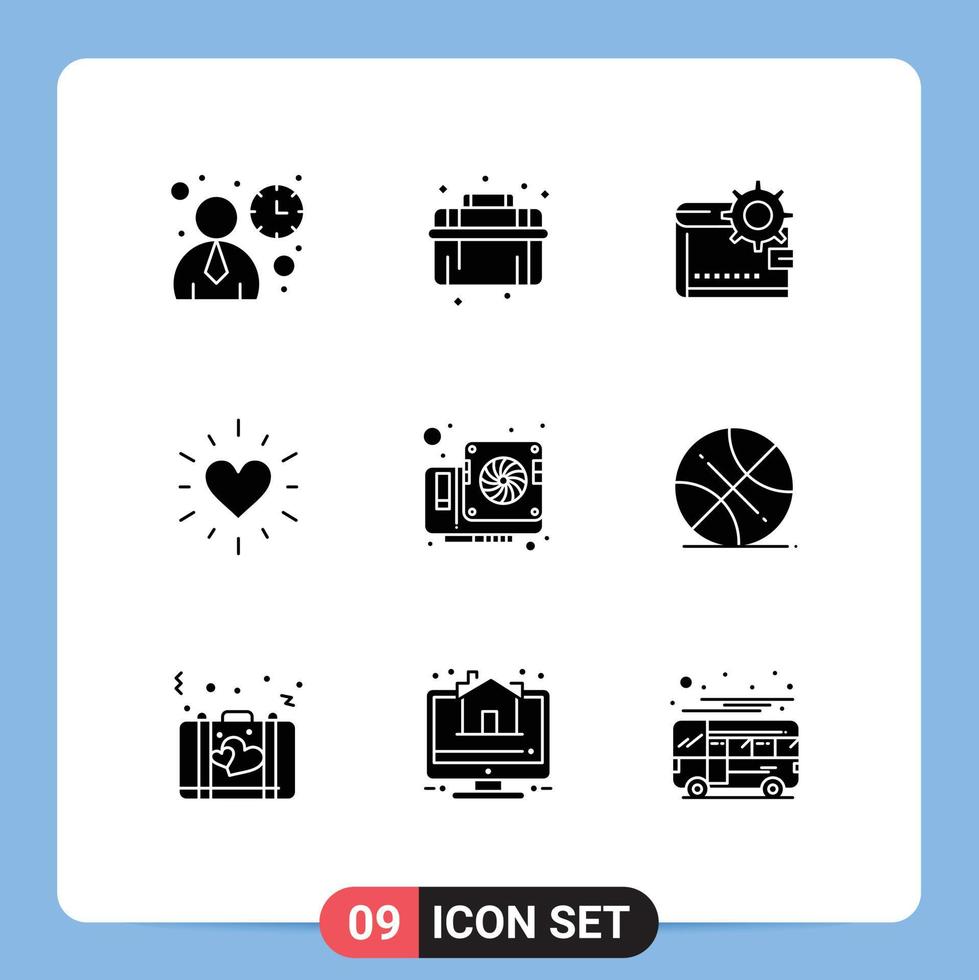 Pack of 9 creative Solid Glyphs of valentine heart wallet making personal Editable Vector Design Elements